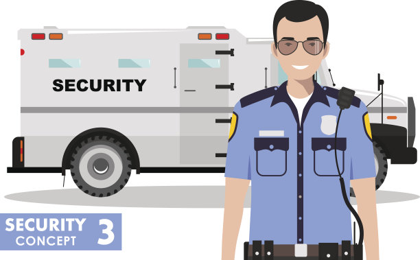 安全的概念。平直风格的白色背景上的装甲车和保安人员的详细说明。矢量插图。图片下载