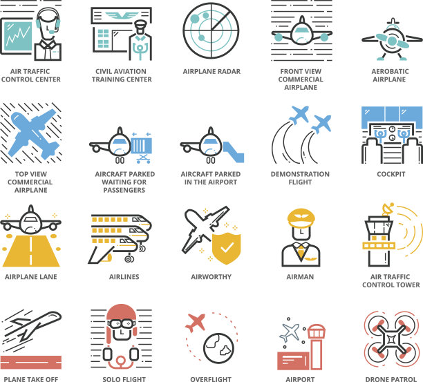 飞机和机场的颜色图标集图片下载