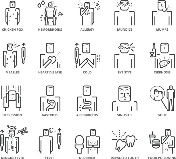 扁平细线疾病和症状的图标组图片下载