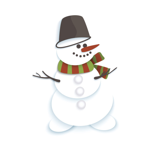 戴着条纹围巾坐在桶里的微笑矢量雪人素材图片