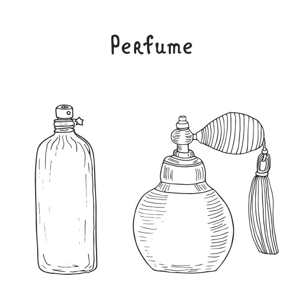 香水系列。的香水瓶。带有流苏的香水喷剂和带有星星的未来香味。手绘草图。图片下载