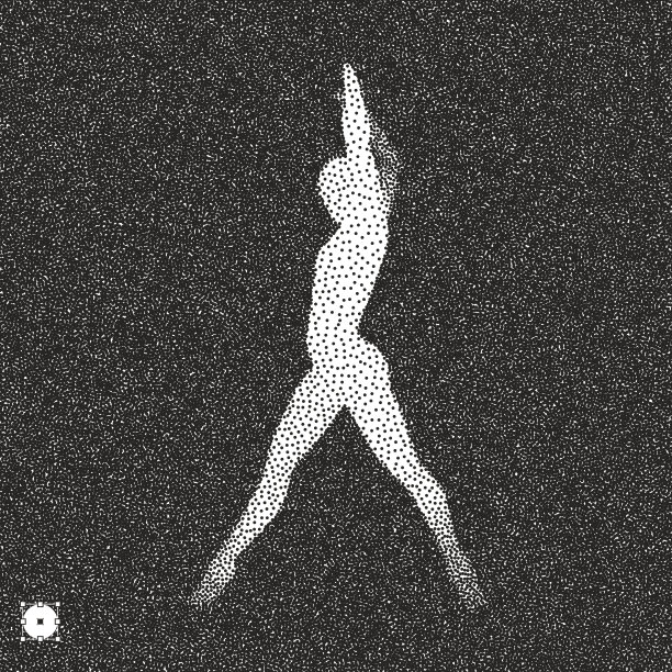 芭蕾舞演员。3D模型的人。黑白颗粒点状设计。点画矢量插图。图片下载