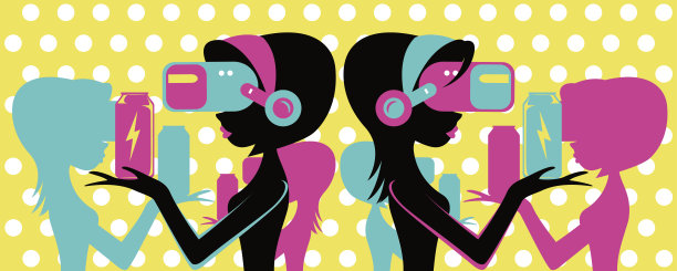 两个复古美女(女孩)戴着虚拟现实眼镜(VR界面)，展示能量饮料可以，背靠背，波波头和长发，剪影图片下载