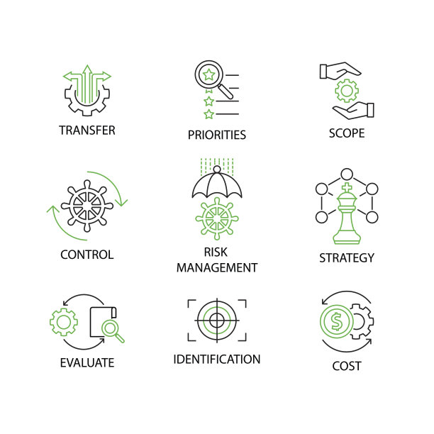 现代平细线图标设置在概念的风险管理与字战略，风险管理，控制，范围，优先级，转移，成本，识别，评估。可编辑的中风。图片下载