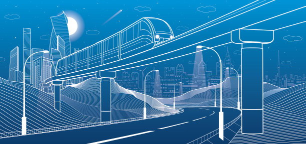 单轨的山脉。照亮的公路。运输说明。高楼大厦、现代城市、商业建筑。夜景。蓝色背景上的白线。矢量设计艺术图片下载