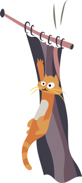 橙色的猫爬窗帘和破坏窗帘栏杆图片下载