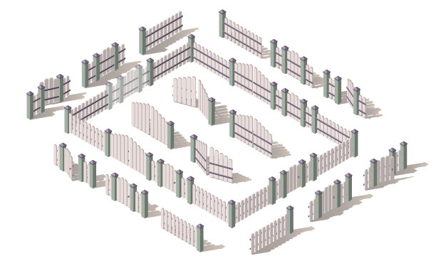等距木轻栅栏，阴影孤立。铁门从中间开启和关闭。篱笆和列。院子的大门和栅栏。平的风格。矢量图图片下载