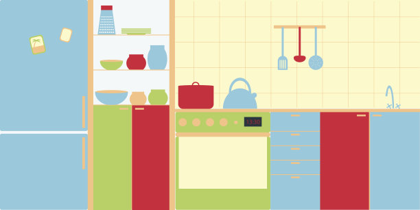 现代风格的厨房室内向量形象。简单和极简主义，明亮的色彩。描绘冰箱，炉子，盘子，餐具。图片下载