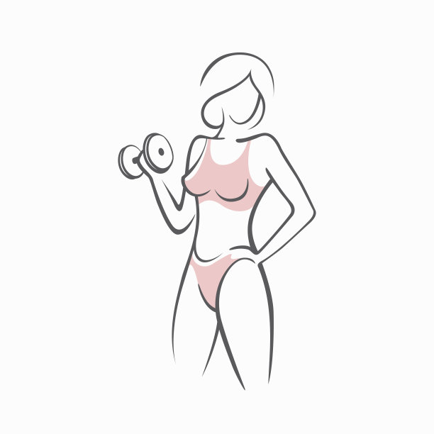 运动健康的女人在健身房。一个美丽的性感女孩的照片在她的手中哑铃。矢量插图的图形轮廓剪影图片下载