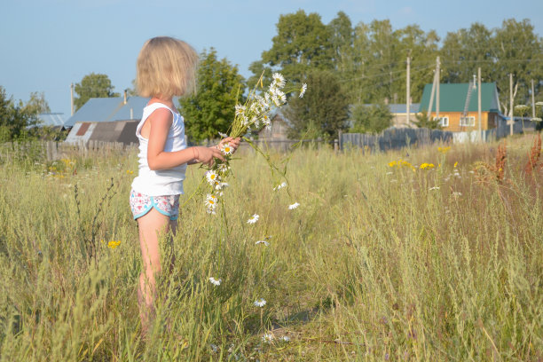 金发小女孩在乡村摆姿势，夏天的村庄图片下载