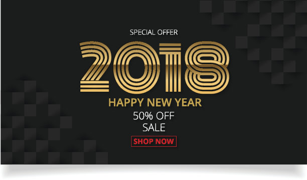 黄金庆祝2018年新年促销横幅。2018金色文字方块背景图片下载