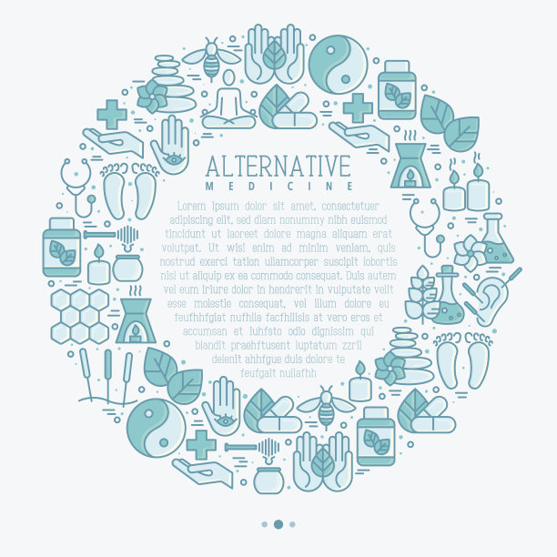 另类医学概念圈与细线图标。矢量插图的旗帜，印刷媒体或网站的瑜伽，针灸，健康，印度草药，中医，整体中心。图片下载