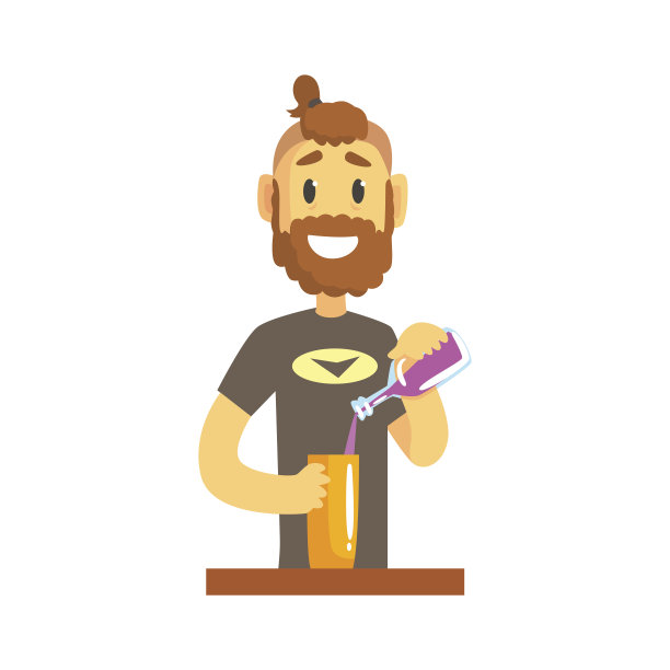 面带微笑的男调酒师角色站在吧台前斟酒，男调酒师在工作时卡通矢量插画图片下载