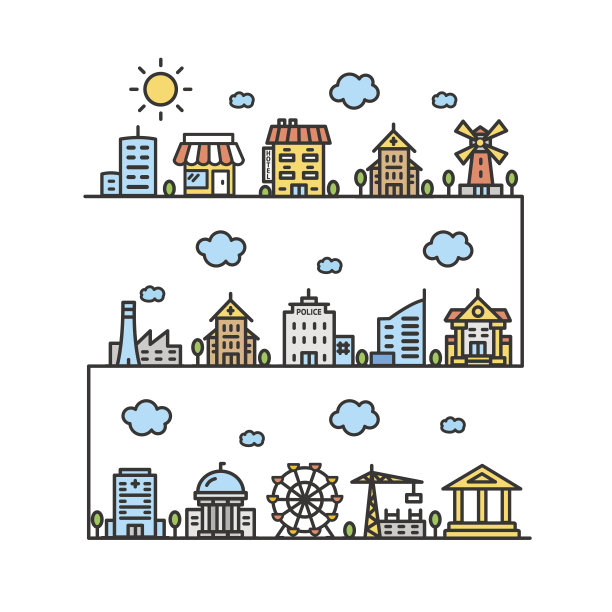 城市街道住宅建筑轮廓设计。向量图片下载