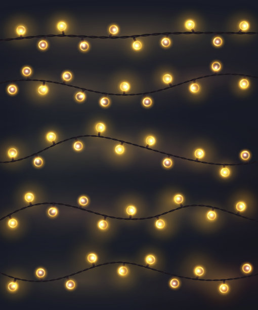 一套黄色花环风格的圣诞灯在深灰色的背景。矢量设计白炽灯串元素图片下载