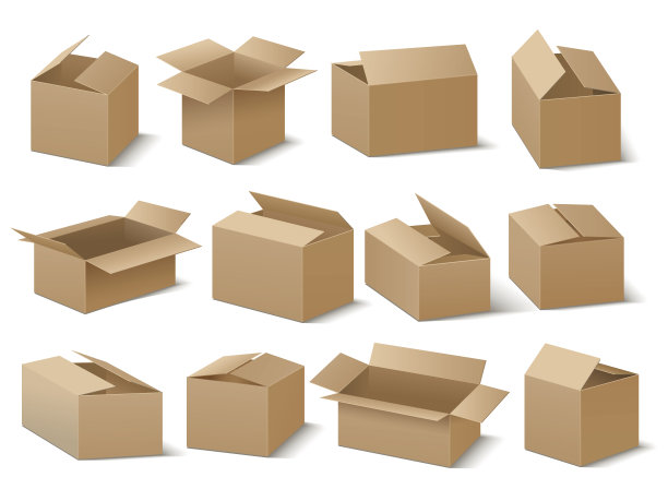 交付和运输纸箱包装。棕色的纸板箱向量集图片下载