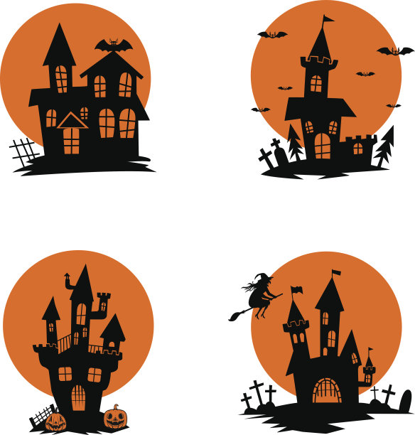 一套鬼屋。万圣节的主题。海报、贺卡、请柬等设计元素。图片下载