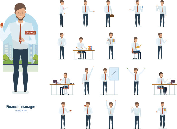 财务经理穿着严格的工作服，各种姿势和情境图片下载