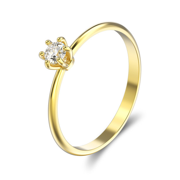 3D插图孤立的黄金传统单人钻石订婚戒指与钻石与阴影图片下载