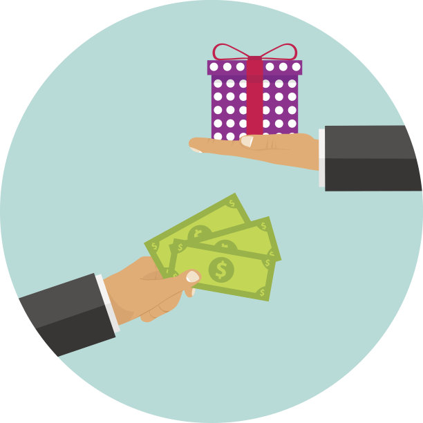 钱换礼物，一只手拿着钱，另一只手是礼物图片下载