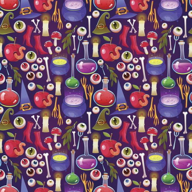无缝的万圣节模式。有趣的背景与可怕的物体。向量设置眼睛，药水，眼睛，苹果与蠕虫，女巫的靴子，在卡通风格的帽子图片下载