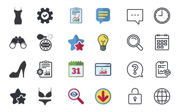 女性着装图标。性感的鞋的迹象。香水。图片下载