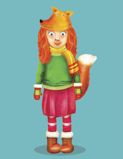 矢量插图的一个可爱的快乐的小美丽的女孩打扮成一只狐狸图片下载