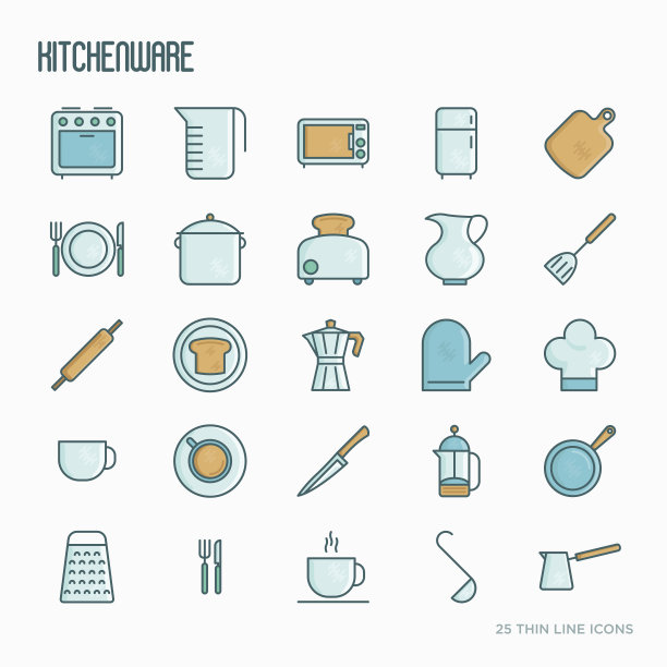 厨具和餐具细线图标集。矢量插图烹饪食谱，菜单，商店，网站，应用程序。图片下载