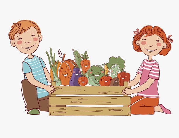 微笑的男孩和女孩带着一个装满新鲜蔬菜的木箱图片下载