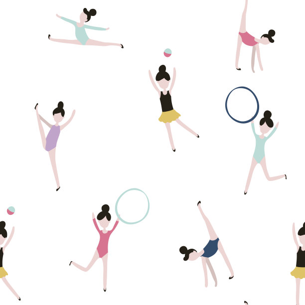 无缝模式与体操女孩。现代风格的平面矢量背景。图片下载