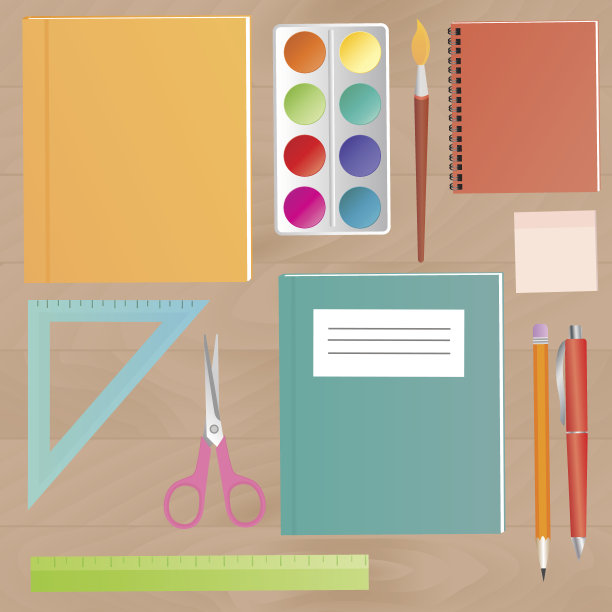 在一个木制的课桌上可以俯视学习用品。图片下载