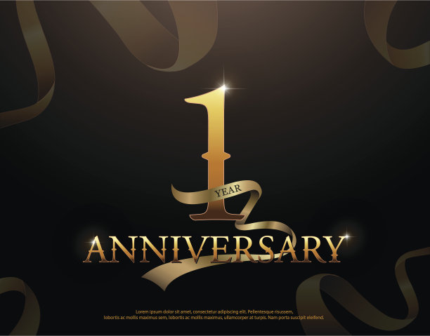 1周年庆典标志模板。第一个黑色背景缎带标志图片下载