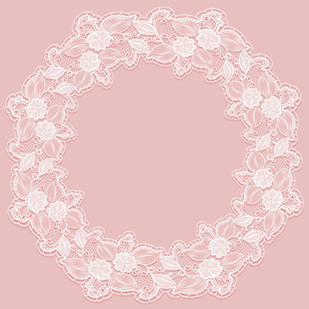 模板与白色花边框架为卡片或邀请。粉红色背景上的圆形镂空花装饰。图片下载