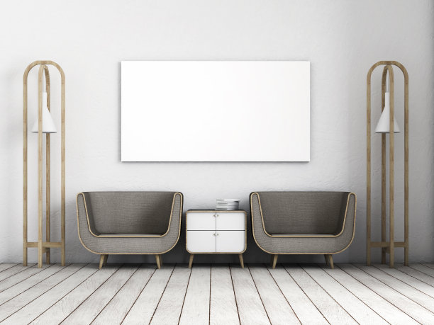 现代客厅白色墙壁棕色沙发与框架3d渲染图片下载