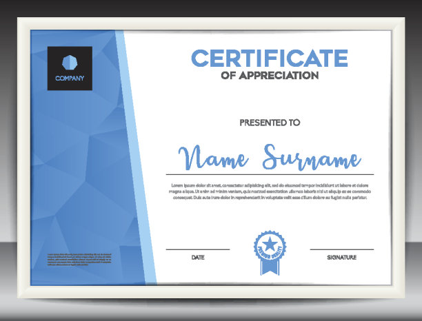 证书模板矢量插图，文凭布局a4大小，商业传单设计，广告，印刷，成就，欣赏，企业活动，蓝色多边形背景图片下载