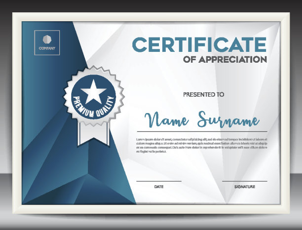证书模板矢量插图，文凭布局a4大小，商业传单设计，广告，印刷，成就，欣赏，企业活动，蓝色多边形背景图片下载