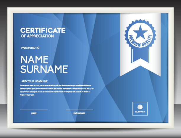 证书模板矢量插图，文凭布局a4大小，商业传单设计，广告，印刷，成就，欣赏，企业活动，蓝色多边形背景图片下载