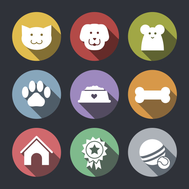 平面矢量宠物图标设置-狗，猫，鼠标图片下载