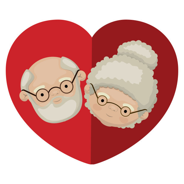 白色背景的彩色心形贺卡与漫画脸的胡子祖父与眼镜和祖母与发髻图片下载