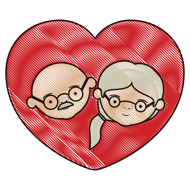彩色蜡笔剪影心形状贺卡与漫画脸的秃头祖父与眼镜和祖母与马尾辫侧发图片下载