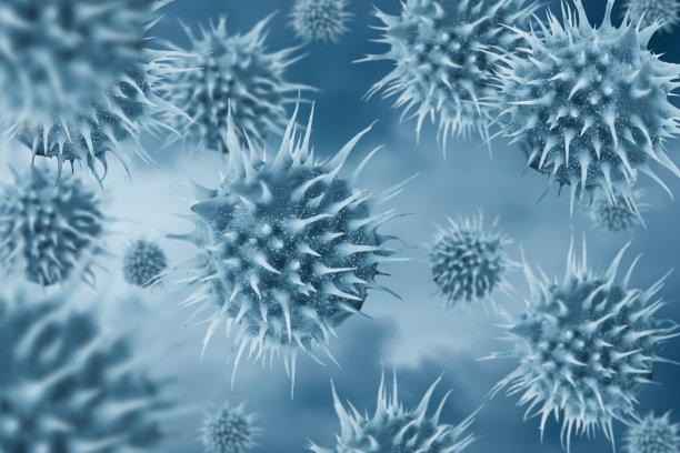 模糊背景上的病毒特写。素材图片