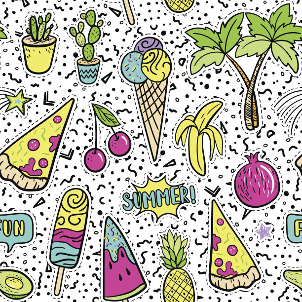 手绘时尚贴片热带元素:鳄梨、香蕉、西瓜、热带棕榈、披萨无缝图案。矢量图的背景。流行艺术补丁，别针，徽章八九十年代风格图片下载