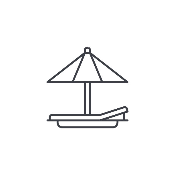 沙滩伞，日光浴床，度假晒黑细线图标。线性向量符号图片下载