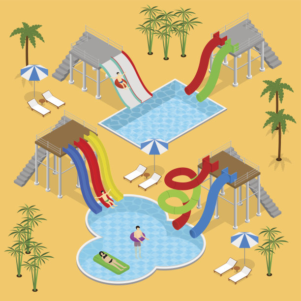 水上公园概念等距视图。向量图片下载