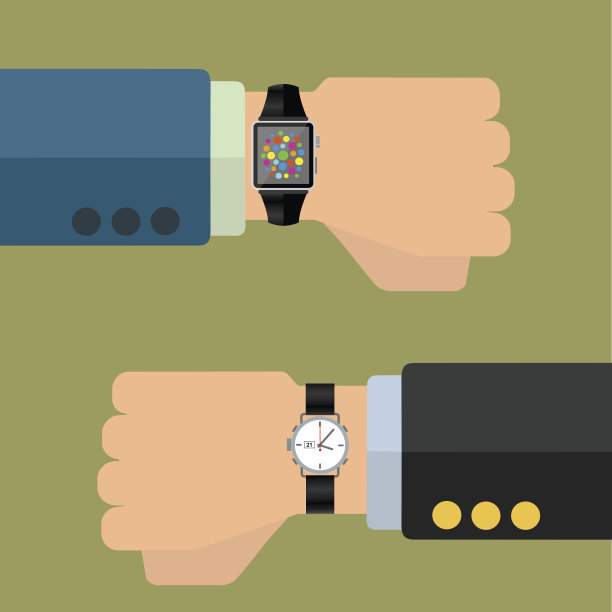 智能手表和模拟手表在商手，技术进步矢量概念图片下载