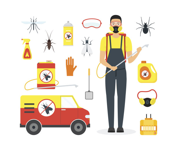 卡通害虫控制服务业务。向量图片下载