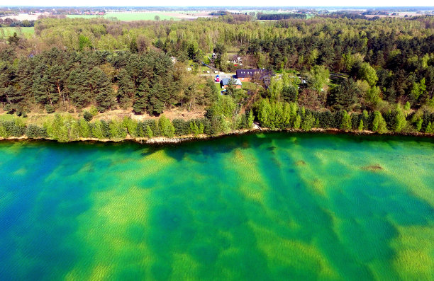砾石池塘，岸边有树和小聚落，鸟瞰图图片下载