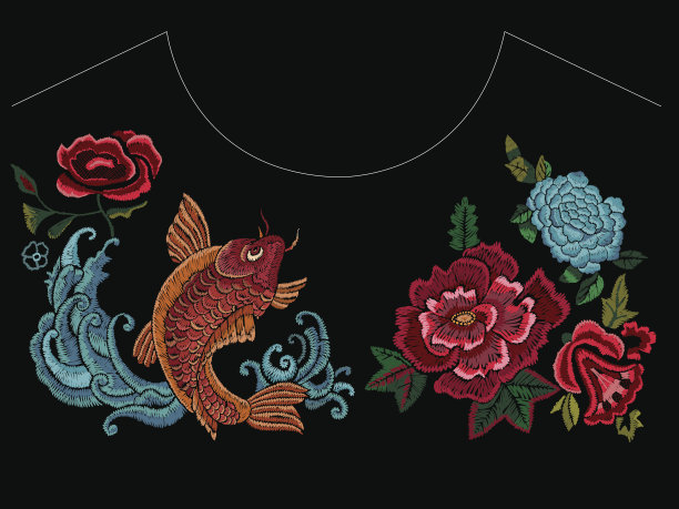 刺绣设计与金色鲤鱼和花。图片下载