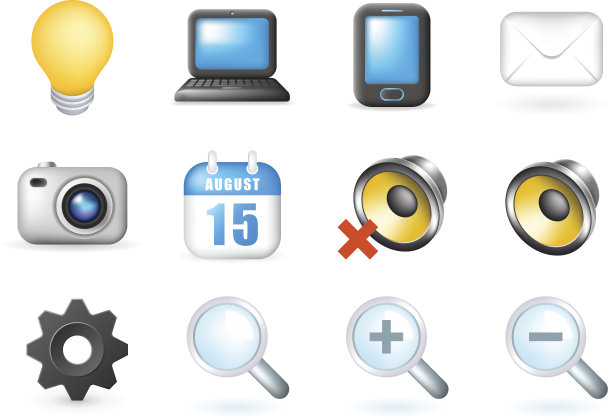 一套可爱的多媒体和界面图标在白色的背景图片下载