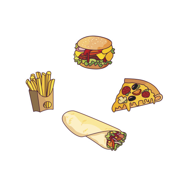 矢量汉堡，披萨片，面包卷，薯条套餐图片下载